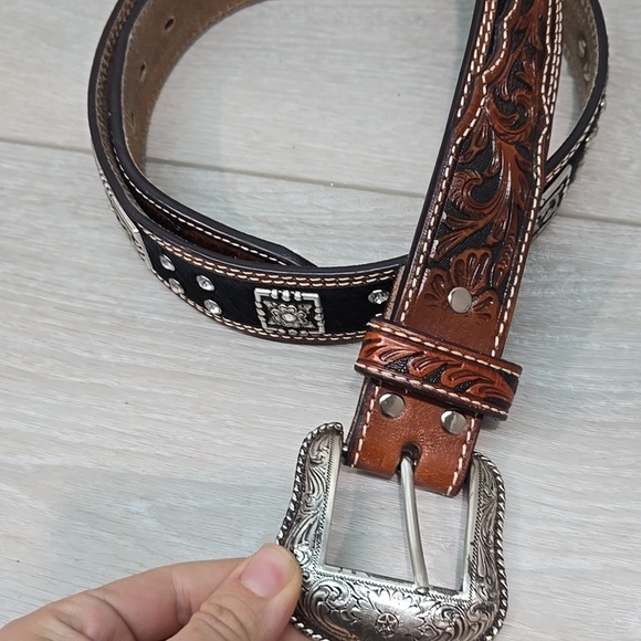 Nocona 249426 Black and Brown Hair Leather Belt with Silver Buckle Belt Sz 38